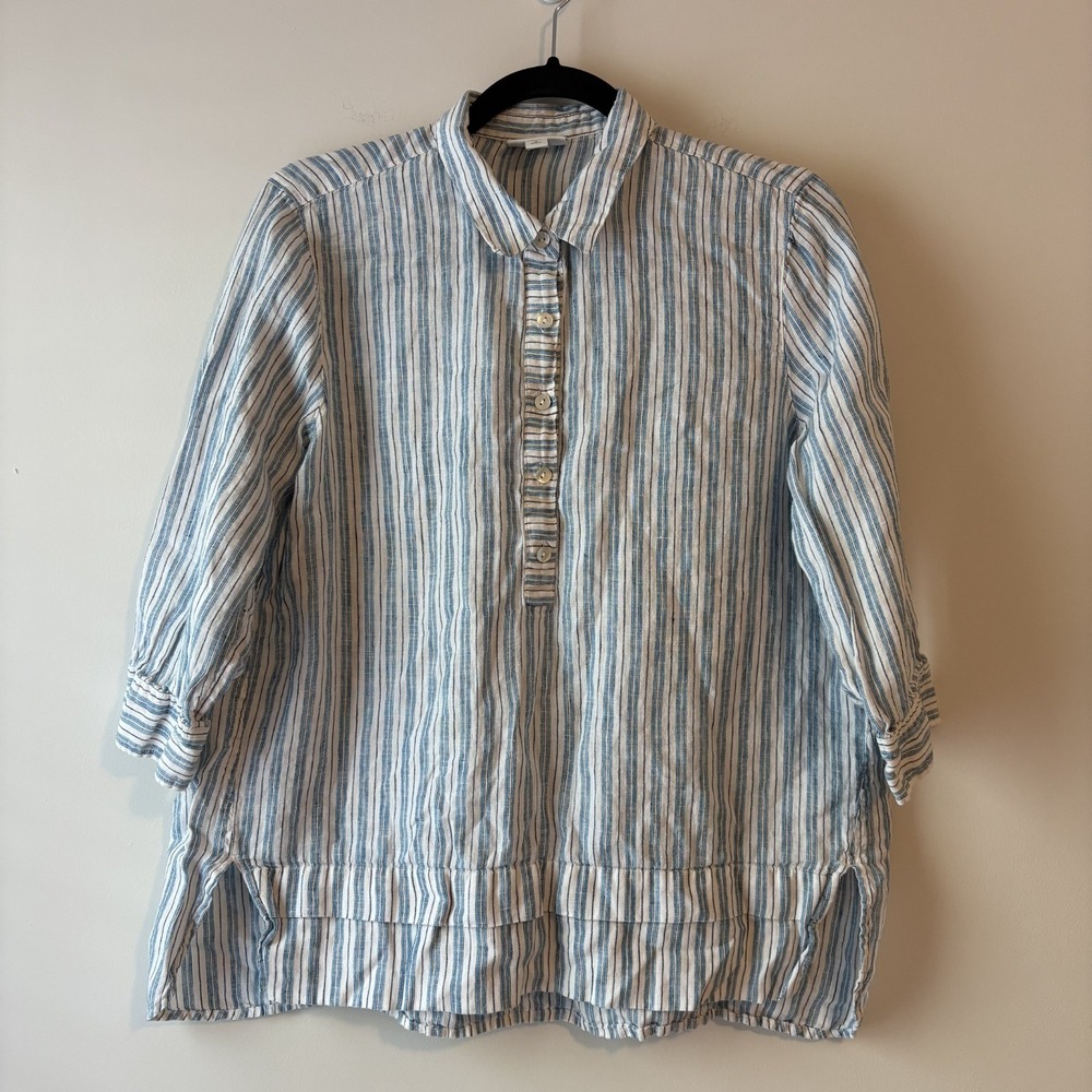 J Jill Love Linen Blue Stripe Popover Top Sz M Petite Coastal Resort Lagenlook